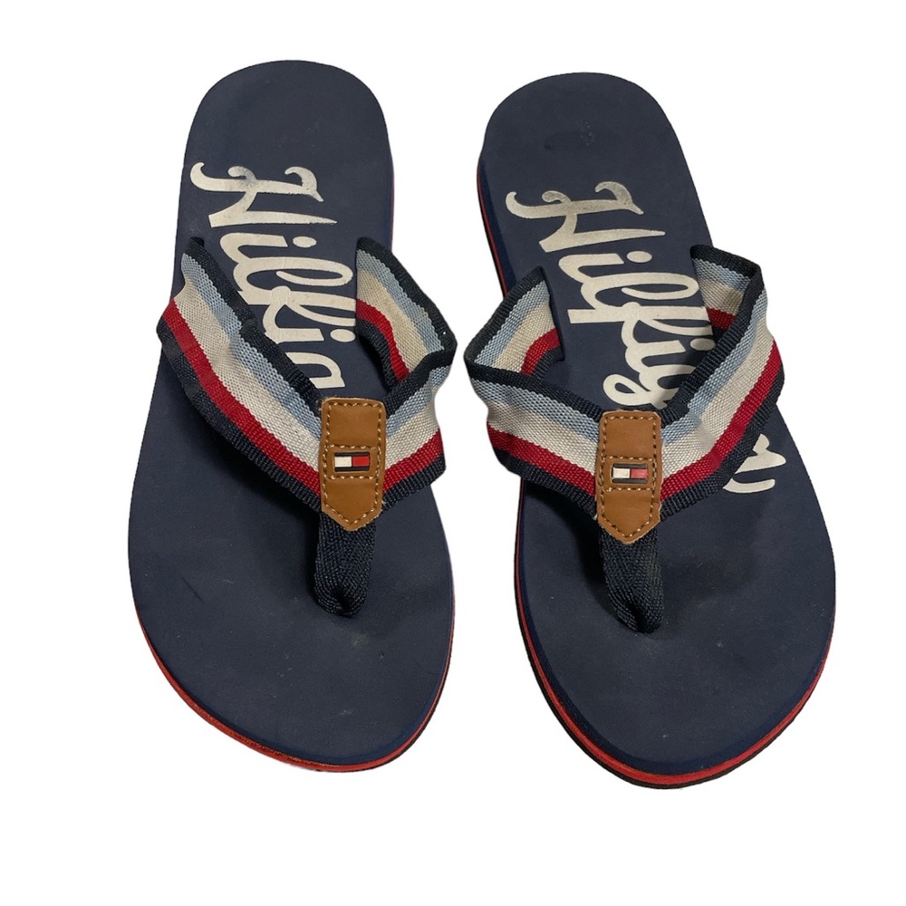 {Tommy Hilfiger} Women’s Flip Flops Canvas Strap Branding Red White Blue Size 7M